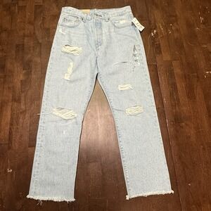 New Levis 501 Distressed High Rise Raw Hem Blue Jeans Womens 28x26‎ (Fits 30x26)